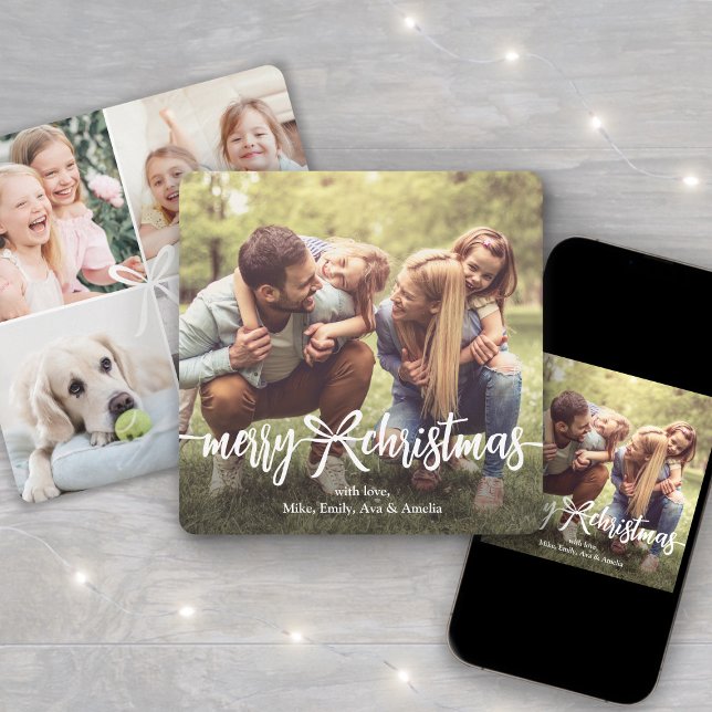 Cartão De Festividades Feliz Natal Fita e Arco Moderno Colagem de Fotos (Criador carregado)