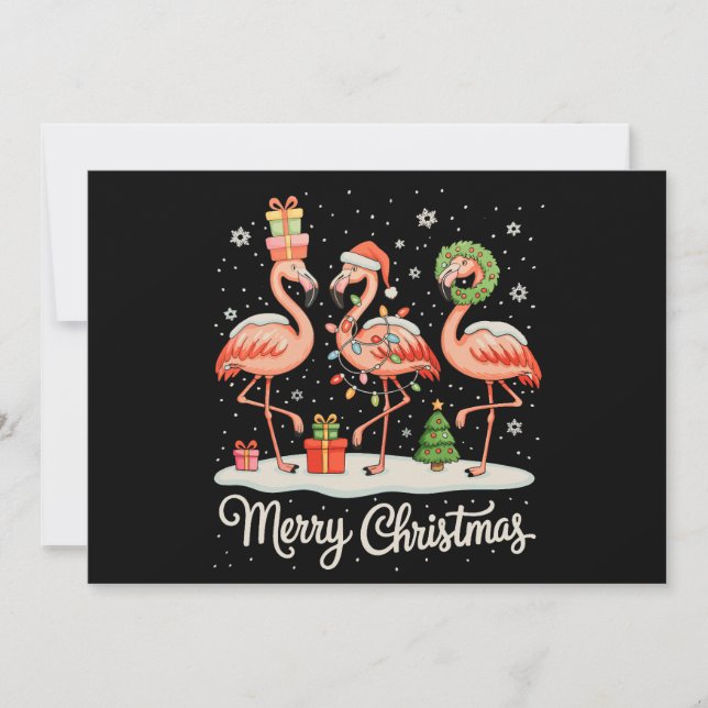 Cartão De Festividades Feliz Natal Flamingo Luzes de Natal Chapéu de Papa (Frente)