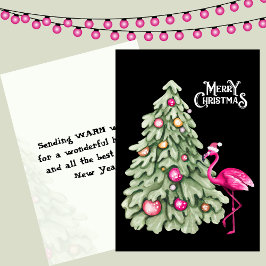 Cartão De Festividades Feliz Natal Flamingo Rosa e Árvore Pastel