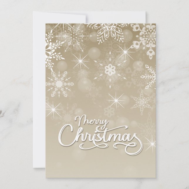 Cartão De Festividades Feliz Natal Flocos de Neve Brancos Saudação bege B (Frente)