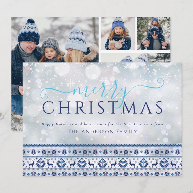 Cartão De Festividades Feliz Natal Flocos de Neve Padrão Folk 4 Foto (Frente/Verso)