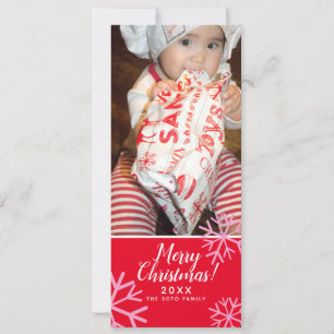 Cartão De Festividades Feliz Natal Flocos de Neve Rosa Bebê Foto Vermelho