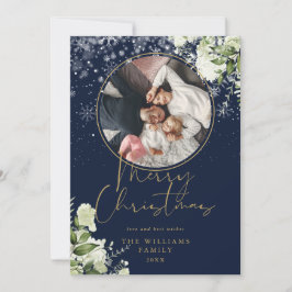 Cartão De Festividades Feliz Natal Floral Neve Dourado e Azul Foto