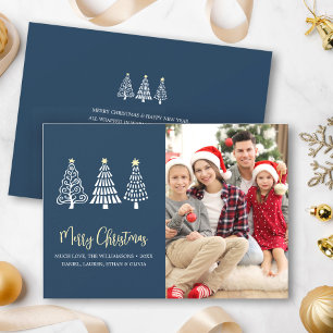 Cartão De Festividades Feliz Natal Foto Árvores Rótulo Caprichoso Azul