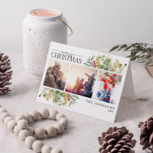 Cartão De Festividades Feliz Natal Foto Botânica de Inverno a Ouro Feriad