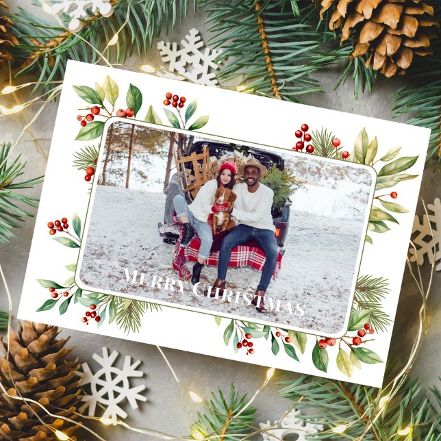 Cartão De Festividades Feliz Natal Foto Botânica Holly Greenery (Celebrate the Holidays in style with a watercolor greenery photo card.  )
