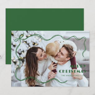 Cartão De Festividades Feliz Natal Foto da Família com Fita Verde Moderna