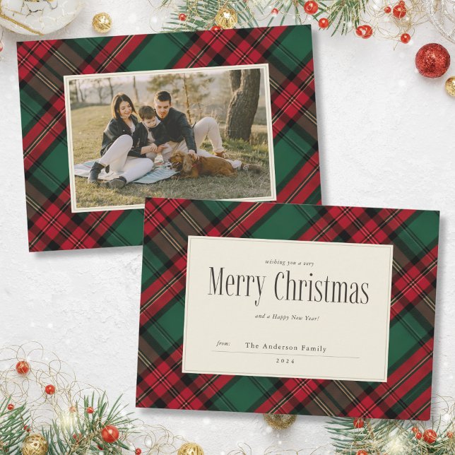 Cartão De Festividades Feliz Natal - Foto da Família Elegante de Xadrezes (Mockup ViewMerry Christmas Elegant Plaid Family Photo Holiday Card)