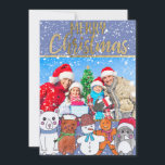 Cartão De Festividades Feliz Natal - Foto da Família Snowman e Amigos<br><div class="desc">Este "Feliz Natal" imprimiu tipografia de ouro com fundo azul de neve e personagens de inverno pintados à mão; incluindo um urso polar, gatinho, boneco de neve, gengibre e design de pinguim bonitinho é perfeito para a temporada de Férias. É um impressão festivo e divertido é um cartão de Natal...</div>