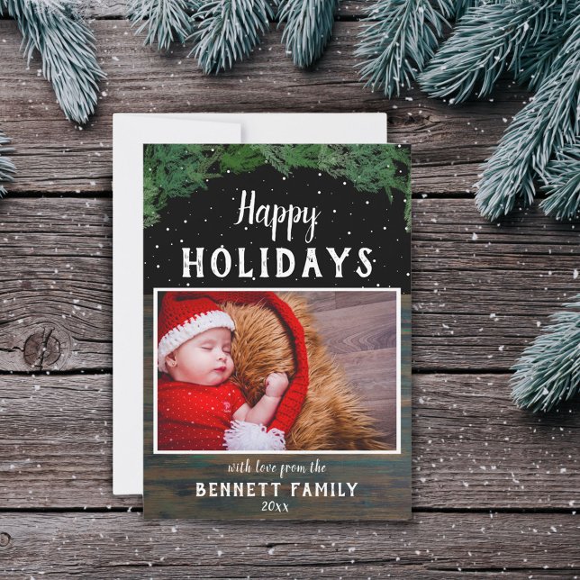 Cartão De Festividades Feliz Natal Foto de Natal Moderna em Madeira Rústi (Criador carregado)