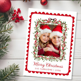 Cartão De Festividades Feliz Natal Foto em Aquarela com Laço Vermelho e F