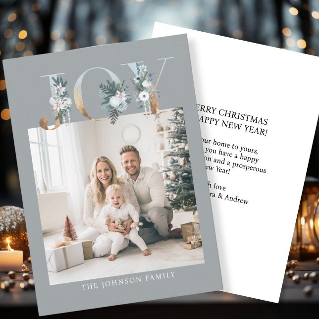 Cartão De Festividades Feliz Natal! Foto moderna e simples (Customer specific "Joy-Merry Christmas" gray-gold, photo holiday card. )