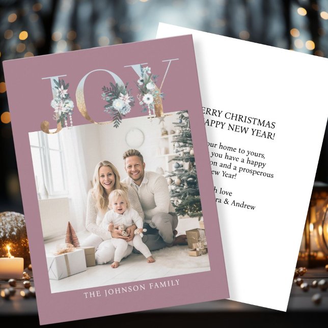 Cartão De Festividades Feliz Natal! Foto moderna e simples (Customer specific "Joy-Merry Christmas" berry-white-gold, photo holiday card. )