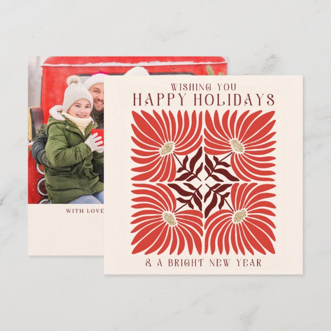 Cartão De Festividades Feliz Natal Foto Moderna Floral Vermelho Negra (Frente/Verso)