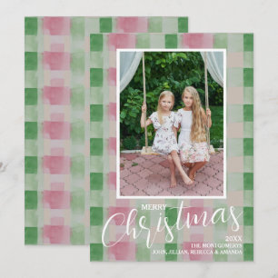 Cartão De Festividades Feliz Natal Foto Moderna Rosa e Xadrez Verde