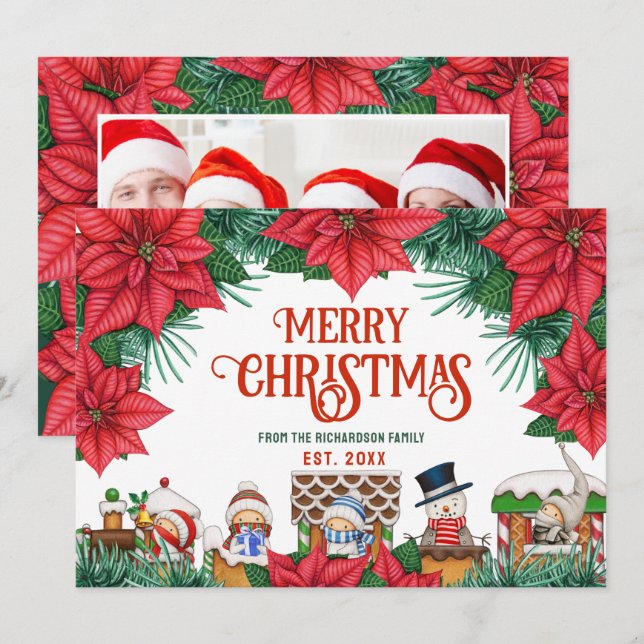 Cartão De Festividades Feliz Natal Foto Personalizada de Poinsettia Verme (Frente/Verso)