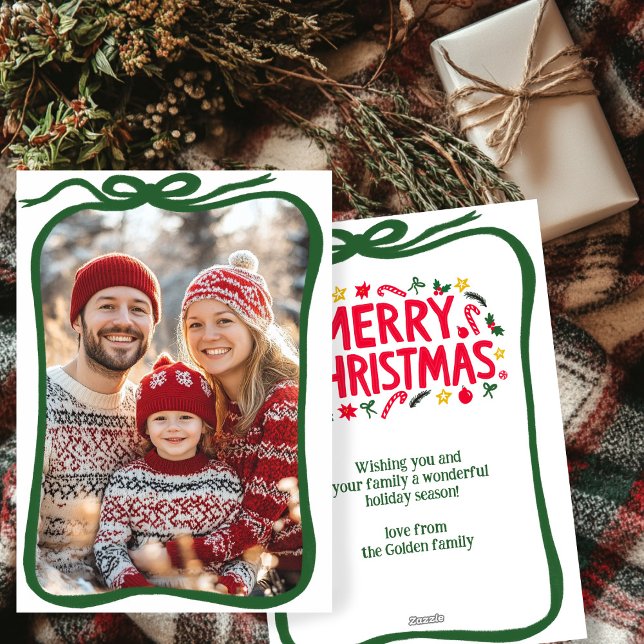 Cartão De Festividades Feliz Natal, FOTO PERSONALIZADA Desenhada À Mão (Merry Christmas Hand-Drawn Bow Frame CUSTOM PHOTO Holiday Card
)