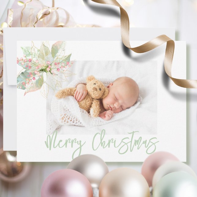 Cartão De Festividades Feliz Natal Foto Rosa Dourada Pastel Poinsettia (Criador carregado)