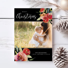 Cartão De Festividades Feliz Natal Fotos Red Watercolor Preto Floral