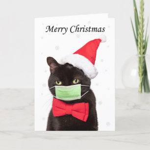 Cartão De Festividades Feliz Natal Gatinho Fofo de Chapéu e Máscara de Pa