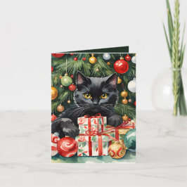 Cartão De Festividades Feliz Natal Gatinho Preto e Árvore de Natal