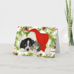 Cartão De Festividades Feliz Natal Gato de Gato de Cachorro Personalizado