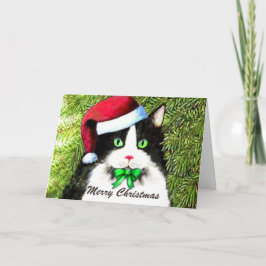 Cartão De Festividades Feliz Natal Gato de Tuxedo em Santa Hat
