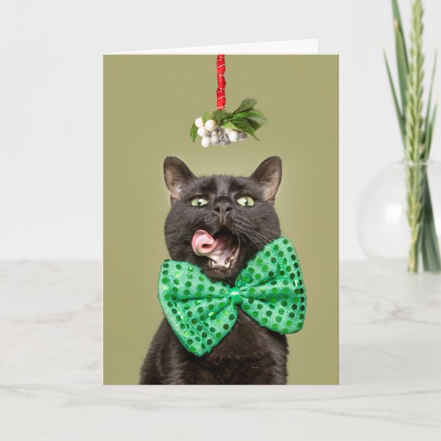 Cartão De Festividades Feliz Natal Gato em Arco Gravata sob Mistletoe (Frente)