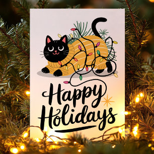 Cartão De Festividades Feliz Natal Gato Envolto em Luzes de Natal