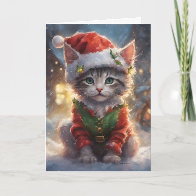 Cartão De Festividades Feliz Natal Gato, Gatinho Papai noel, Animais de N (Frente)