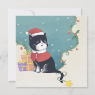Cartão De Festividades Feliz Natal: Gato Ilustra Arte