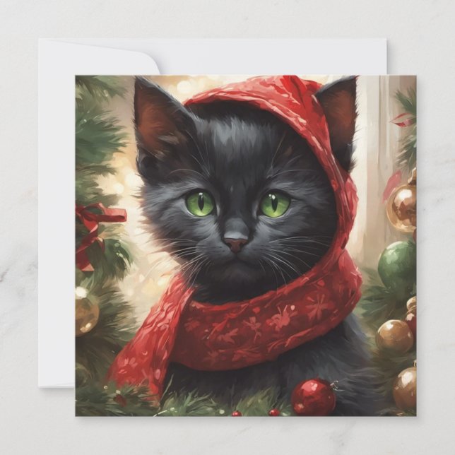 Cartão De Festividades Feliz Natal Gato Negro (Frente)