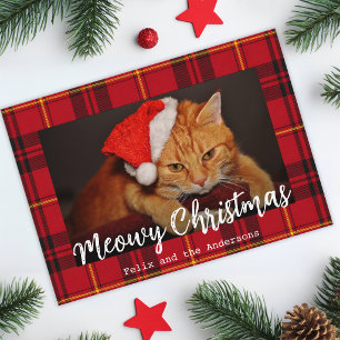 Cartão De Festividades Feliz Natal Gato Pet Foto e Xadrez Escocês Vermelh