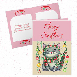 Cartão De Festividades Feliz Natal, gato sorridente, rosa