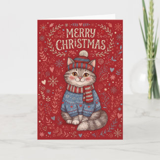 Cartão De Festividades Feliz Natal Gato Vestindo Suéter e Chapéu