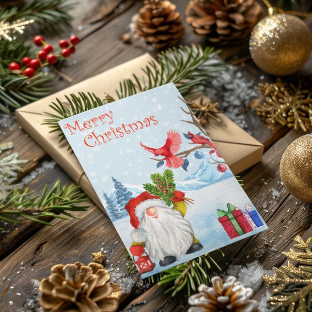 Cartão De Festividades Feliz Natal Gnomo Aquarela Neve (Criador carregado)