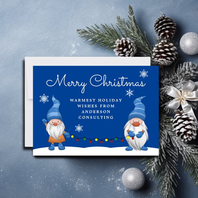 Cartão De Festividades Feliz Natal Gnomos Business Blue Holiday Card (Criador carregado)