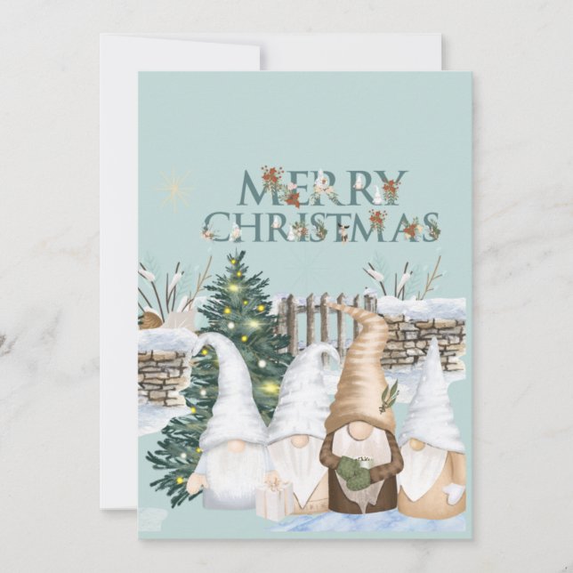 Cartão De Festividades Feliz Natal Gnomos vermelho e azul neve (Frente)