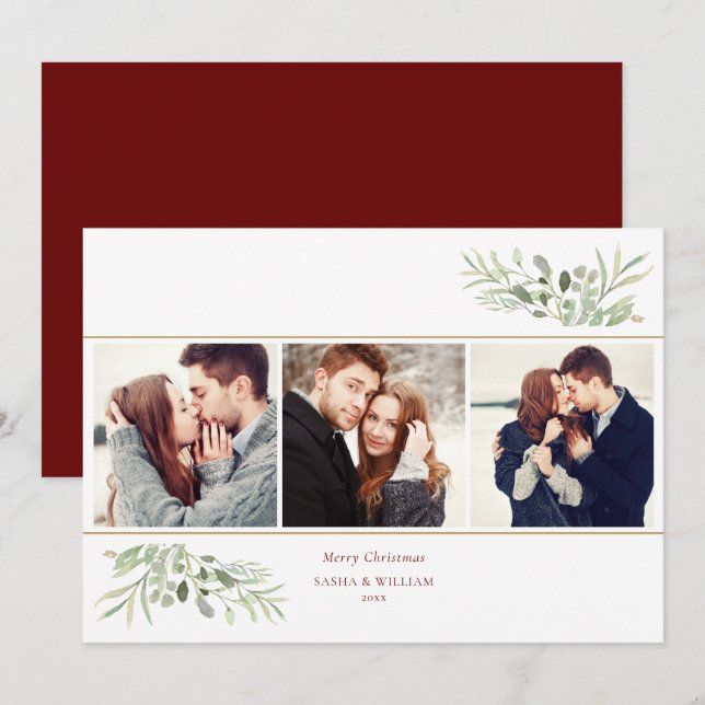 Cartão De Festividades Feliz Natal Greenery 3 Foto Colagem (Frente/Verso)