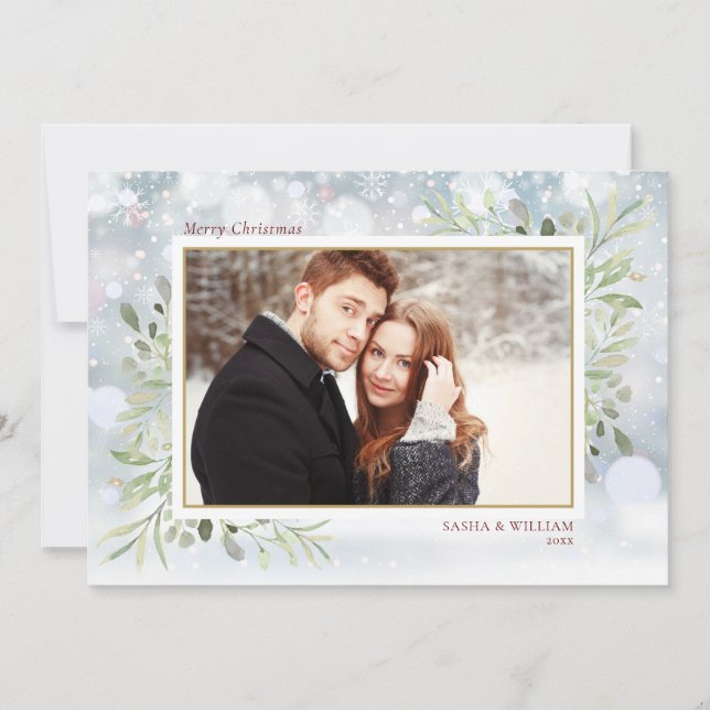 Cartão De Festividades Feliz Natal Greenery Snowflakes Foto (Frente)