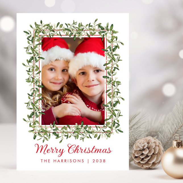 Cartão De Festividades Feliz Natal Greenery Watercolor Foto (Share the love and warmth of the holiday season with this personalized photo Christmas card)