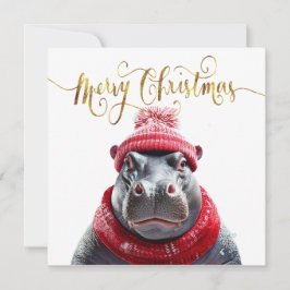 Cartão De Festividades Feliz Natal Hippo Santa Chapéu e cachecol