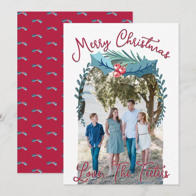 Cartão De Festividades Feliz Natal Holly Berry - Arco Personalizado de Fo (Frente/Verso)