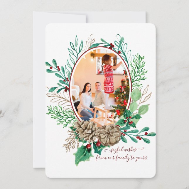 Cartão De Festividades Feliz Natal Holly Berry Pine Cone Wreath Foto (Frente)