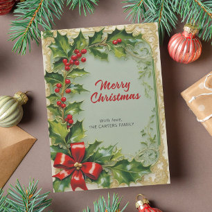 Cartão De Festividades Feliz Natal Holly deixa o quadro de fita vermelha