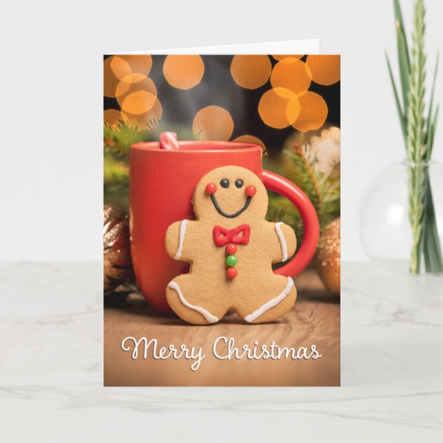 Cartão De Festividades Feliz Natal Homem de Biscoito e Chocolate Quente  (Frente)