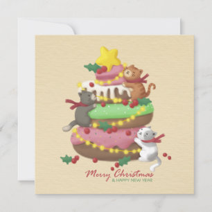 Cartão De Festividades Feliz Natal: Ilustração de Gatos e Doces