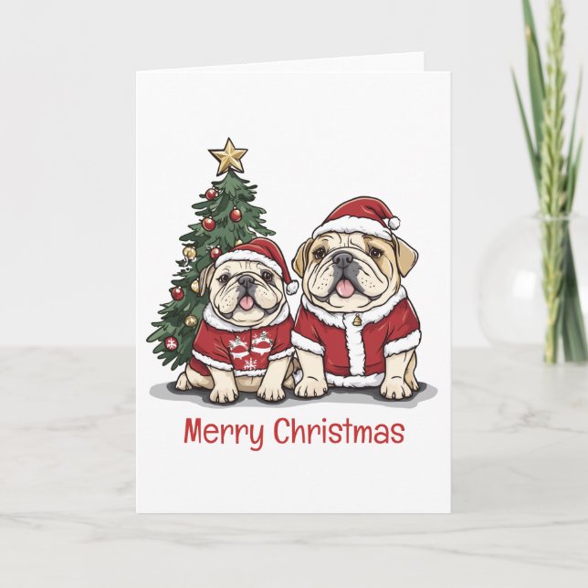 Cartão De Festividades Feliz Natal Inglês Bulldog Santa Hats (Frente)