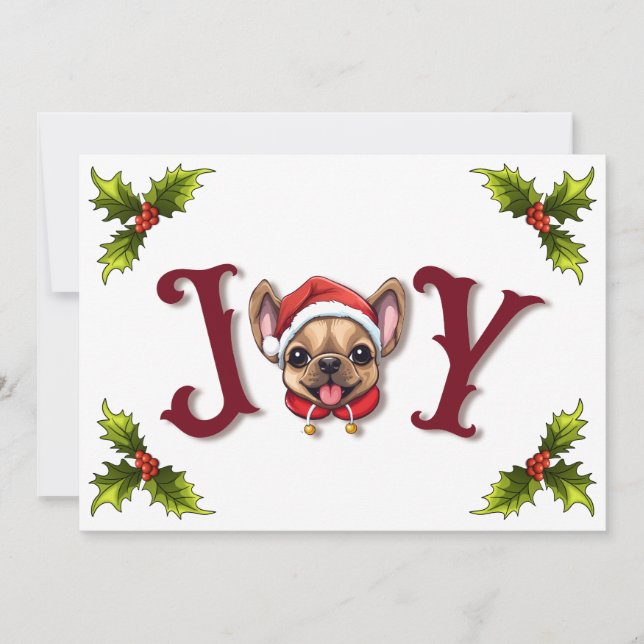 Cartão De Festividades Feliz Natal Joy Bonito Bulldog Francês Holly (Frente)