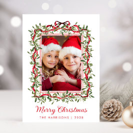 Cartão De Festividades Feliz Natal Laços Vermelhos Vegetação Foto em Aqua
